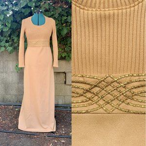 70s Maxi Dress S Tan Gold Vintage Knit Long Sleeve Embellished Mod Mad Men